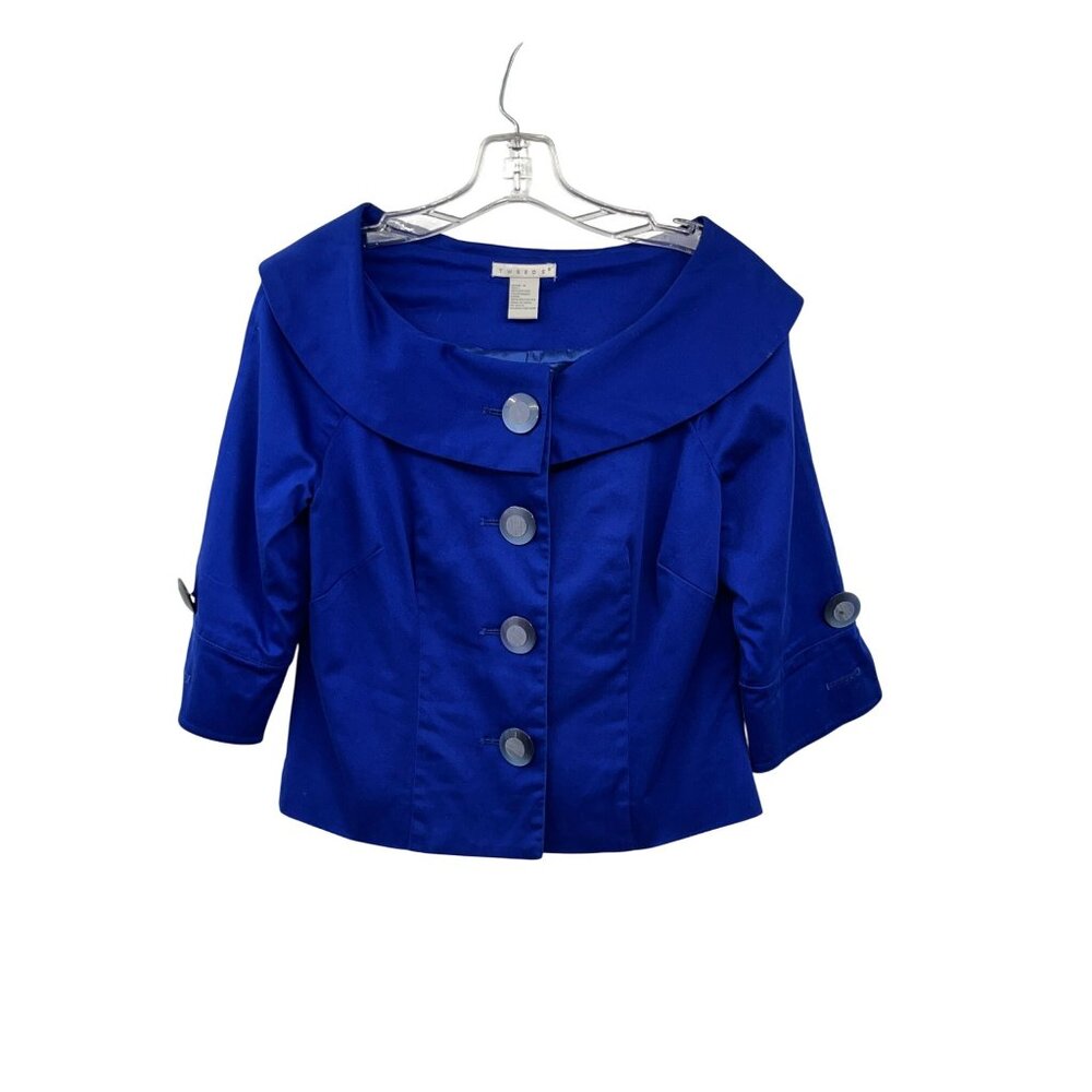Tweeds Jacket Womens S Blue Button Front 3/4 Sleeve Lined Cotton Blend Used
